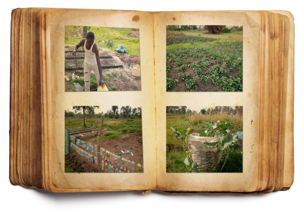 Photo book displaying several pictures of a garden in Kenya, telling the story of the community garden.
