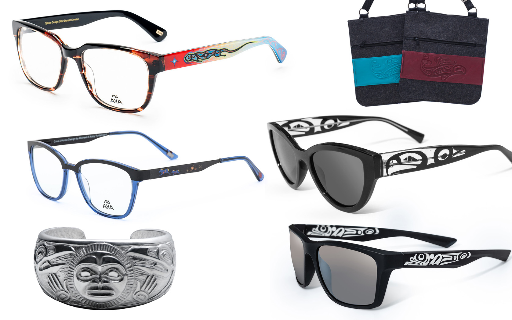 PHotos of several different AYA products including eye glasses, sun glasses, handbags, and jewelry. 
