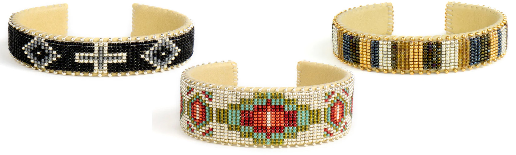 Photo of three different styles of bracelet. Each is hand crafted and has a colorful Navajo design. 