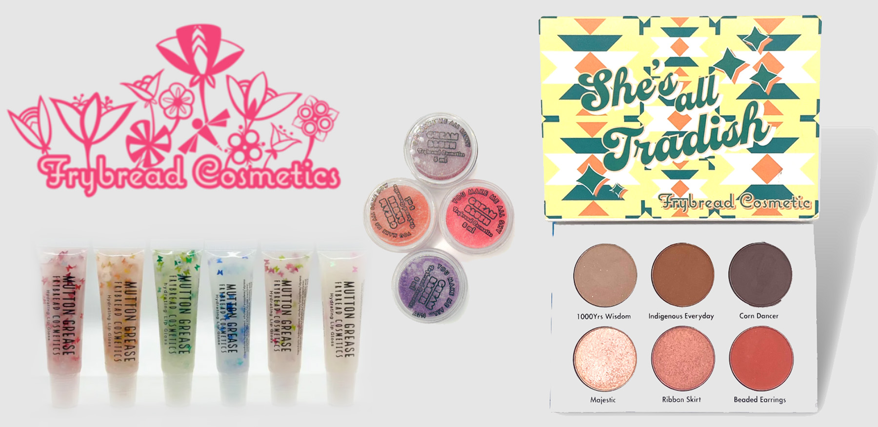 Photo of a range of FryBread Cosmetics including lip gloss, blush, and eye shadow. 