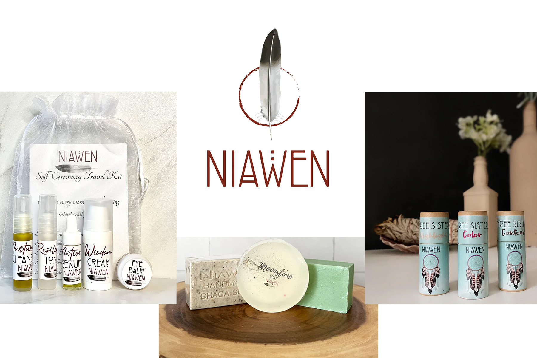Photo of various Niawen products including soaps, make-up, and a self care travel kit. 