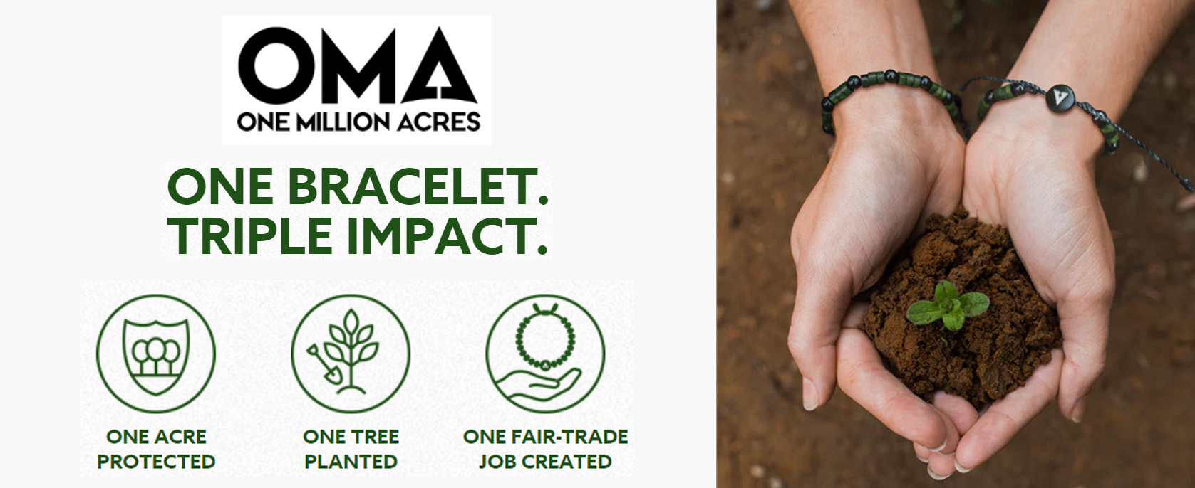 Photo of a pair of hands filled with a tiny tree. Each wrist is wearing the OMA bracelet. 
