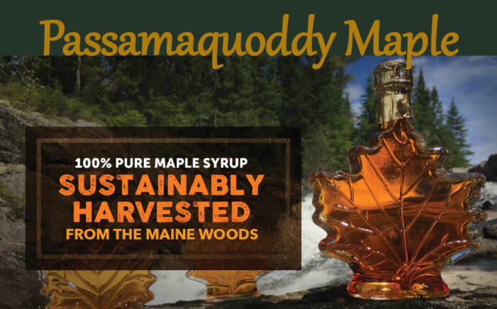 Photo of 3 bottles of Passamaquoddy Maple syrup sitting on rocks overlooking a beautiful mountain landscape. 