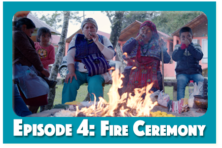 Episode 4: Fire Ceremony. Photo of a group of Indigenous people sitting around a fire. 