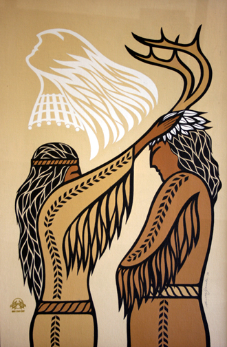 Haudenosaunee illustration depicting a woman, a man, and a spirit rising from a pair of antlers. 